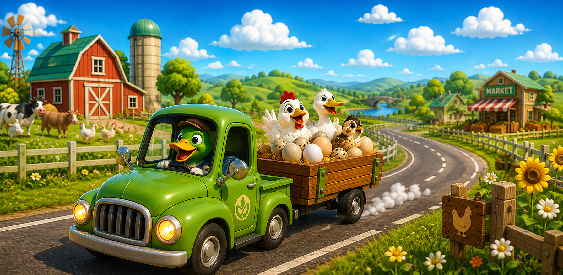 Chicken Egg Farm Road game banner showing farm and delivery trucks