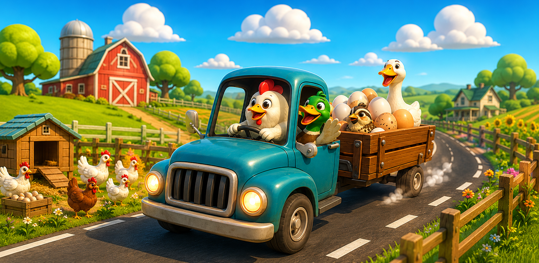 Chicken Farm Delivery Road game banner showing farm and delivery trucks