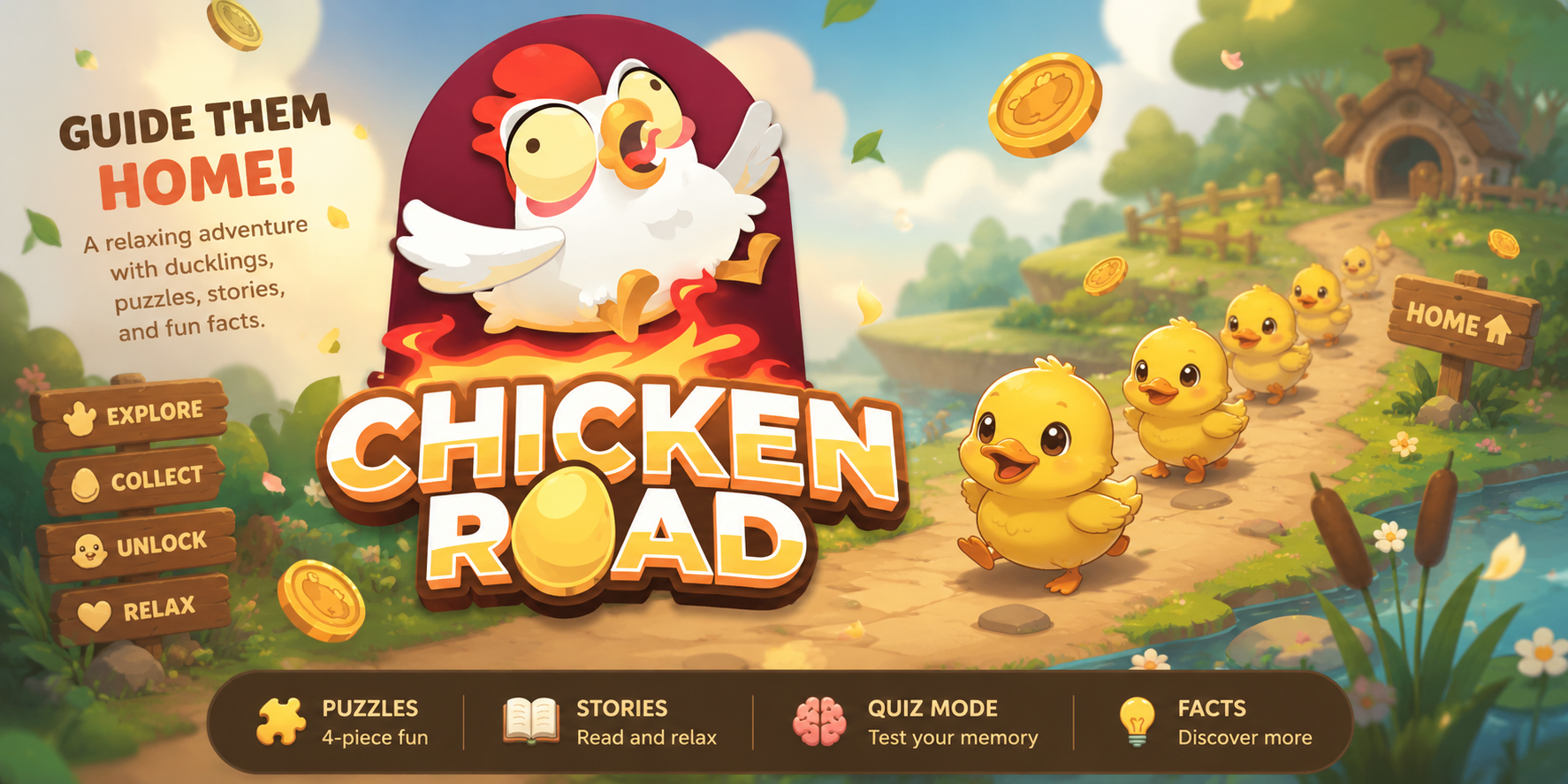 Chicken Road game banner showing ducklings wandering on a peaceful path