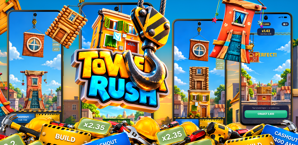 Sky Tower Rush City Android arcade game banner showing colourful city skyline